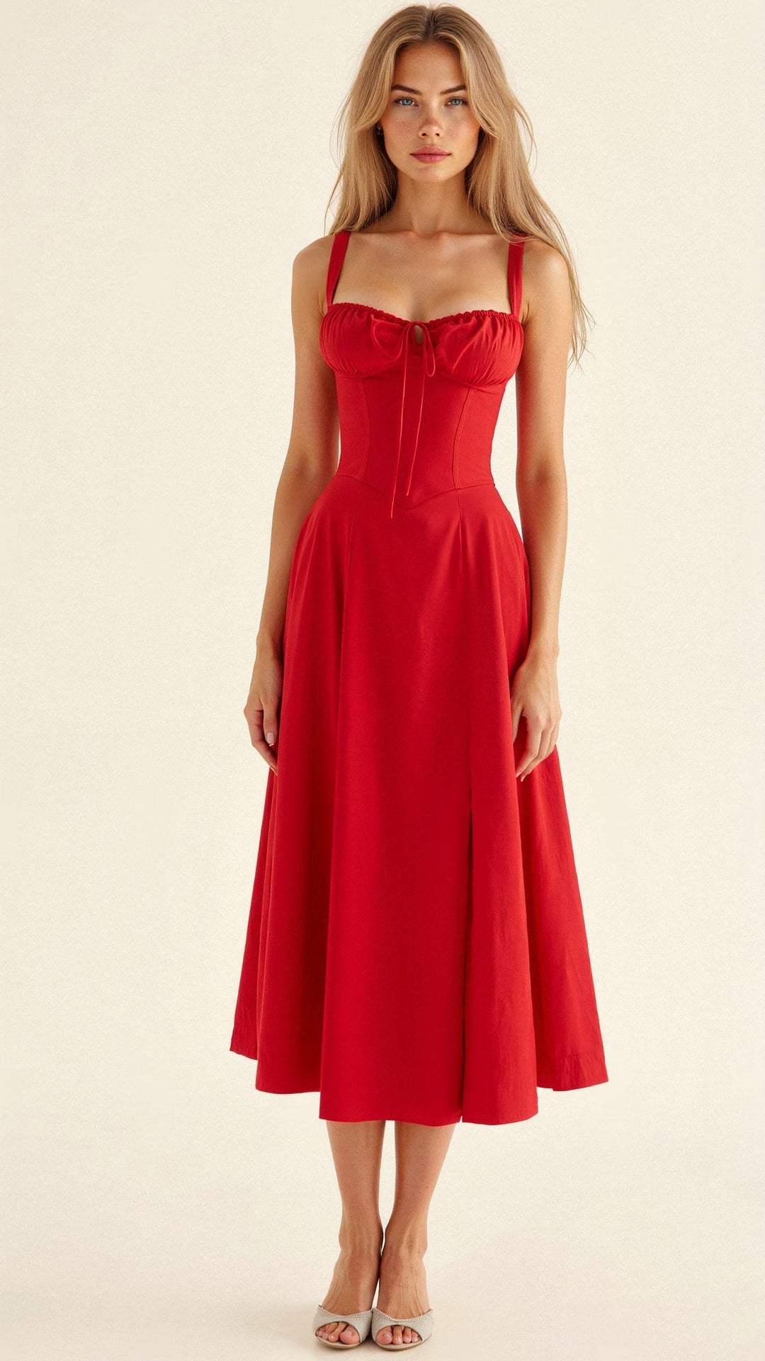 Women’s Midi Dress with Slit and Tie at Bust