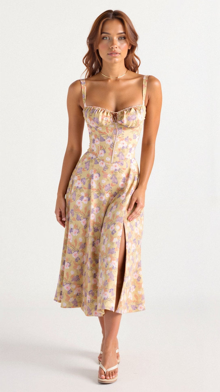 Women’s Midi Dress with Slit and Tie at Bust