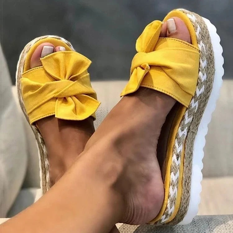 Women’s Platform Slip-On Sandals with Braided Sole and Bow Detail